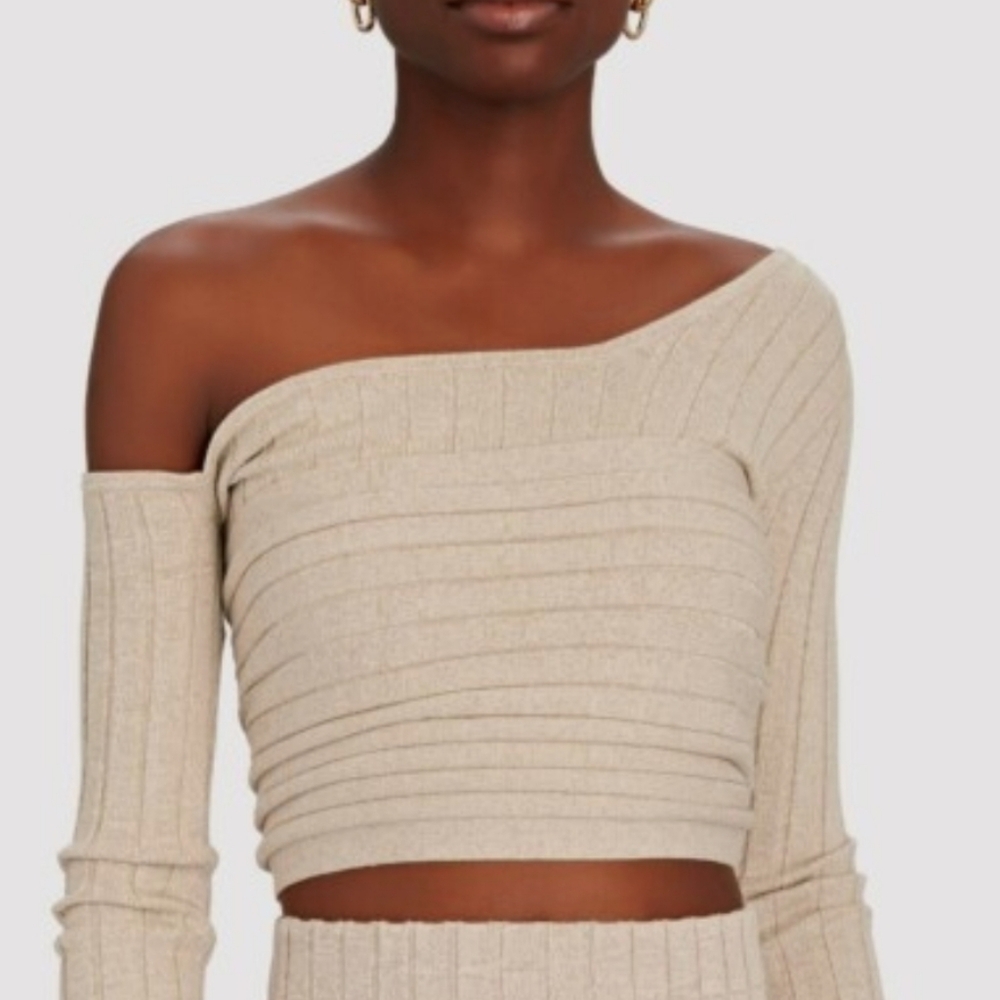 Ronny Kobo Collection Beige Ribbed Knit Top